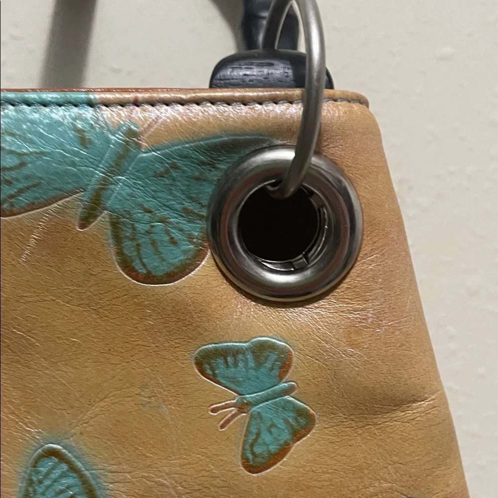 Butterfly Embossed Tan and Green Handbag - Picture 4 of 16